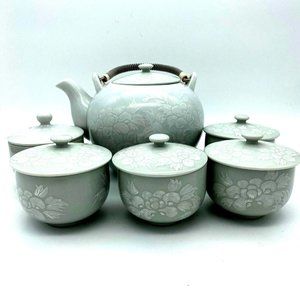 Japanese Tea Pot 5 Cups w/Lids Porcelain White‎